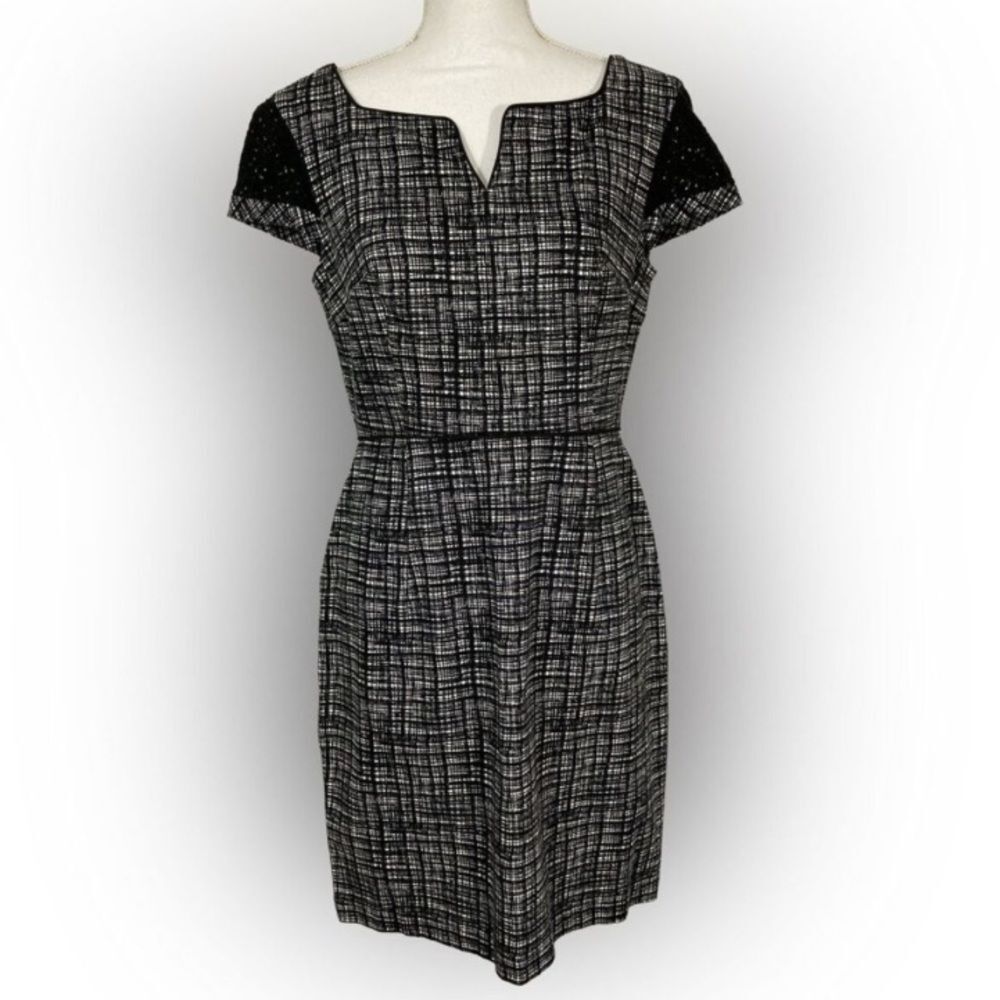 Donna Morgan Black White Crosshatch Sweetheart Neck Eyelet SS Dress Size 8